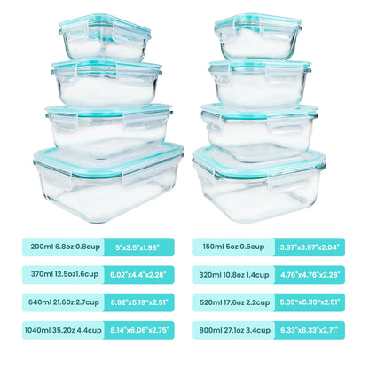 8pcs Glass Food Storage Containers Microwave & Oven Safe