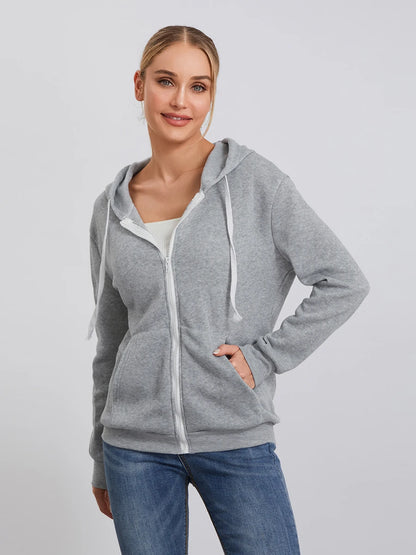 Women s Zip Up Hoodies Long Sleeve Solid Color Classic Fit Sweatshirts Jackets Streetwear Tops