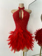Women Sexy Halter Beading Feather Tight Bodysuit