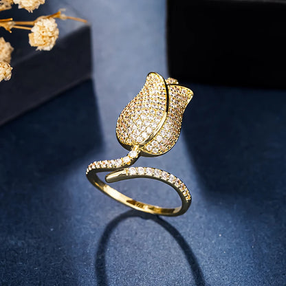 Romantic Tulip Design Flower Rings with Dazzling CZ