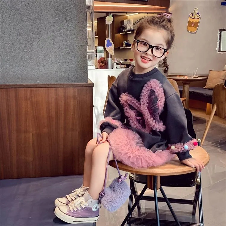 Girls' Casual Stylish Patchwork Tulle Hoodie Dresses