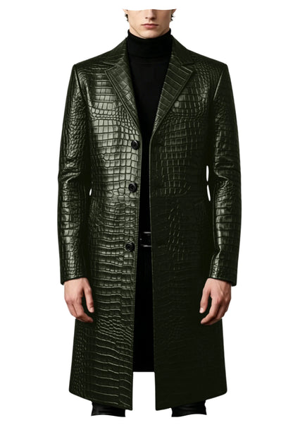 Men's Crocodile Leather Trench Coat Luxury Long