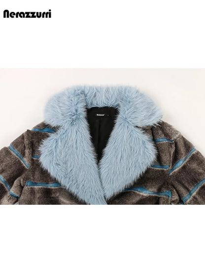 Oversized Striped Thick Patchwork Faux Fur Coat