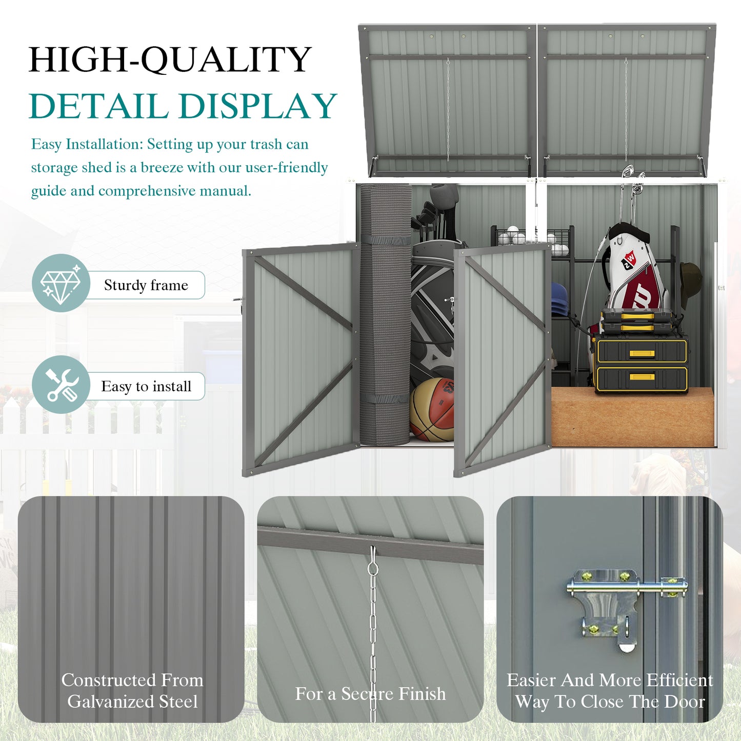 Outdoor Garbage Bin Shed with 54 cu ft Storage, Stainless Galvanized Steel, Grey, for Garden Yard Use
