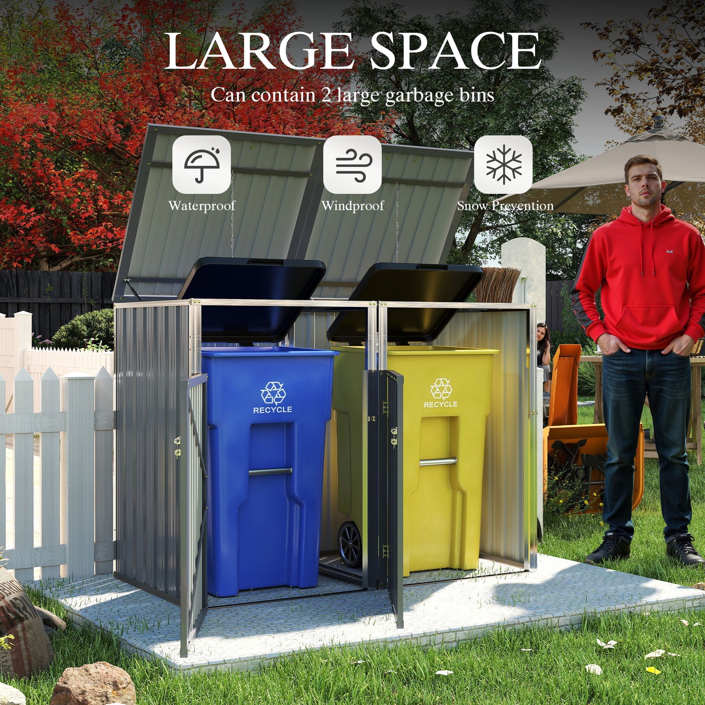 Outdoor Garbage Bin Shed with 54 cu ft Storage, Stainless Galvanized Steel, Grey, for Garden Yard Use