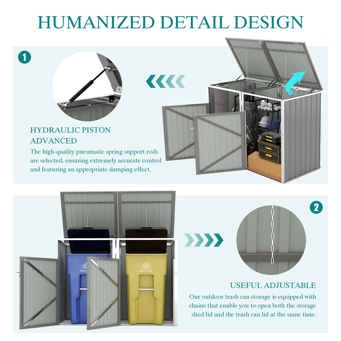 Outdoor Garbage Bin Shed with 54 cu ft Storage, Stainless Galvanized Steel, Grey, for Garden Yard Use
