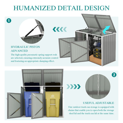 Outdoor Garbage Bin Shed with 54 cu ft Storage, Stainless Galvanized Steel, Grey, for Garden Yard Use